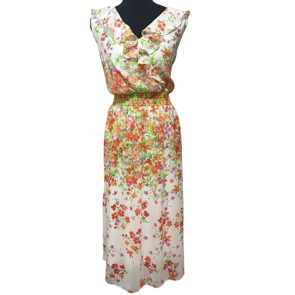 Maggy London Womens XL Floral Ruffle Midi Dress Smocked Waist White Orange
